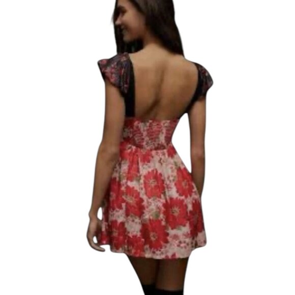 Free People Aurora Dress Red Floral A-line Mini Babydoll Puff Sleeves Large NWOT - Picture 2 of 16